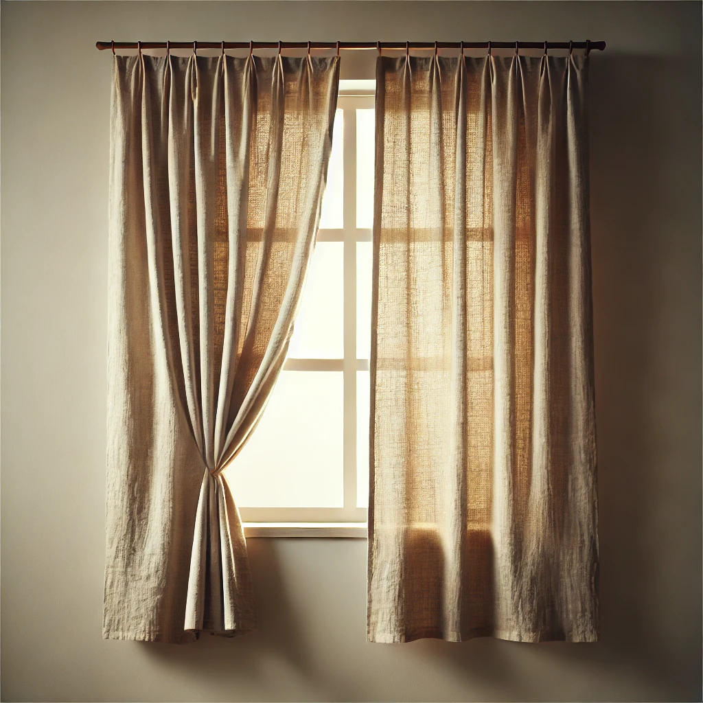 DALL·E 2025-03-03 16.55.53 - A square image featuring a linen curtain hanging gracefully in front of a softly lit window. The curtain is made of natural beige linen, with a slight Perdele Constanta