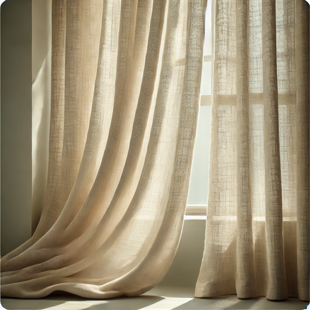 DALL·E 2025-03-03 16.57.26 - A square image featuring a linen curtain with a soft, natural texture. The curtain is light beige, semi-transparent, and gently flowing as it hangs in perdele din in