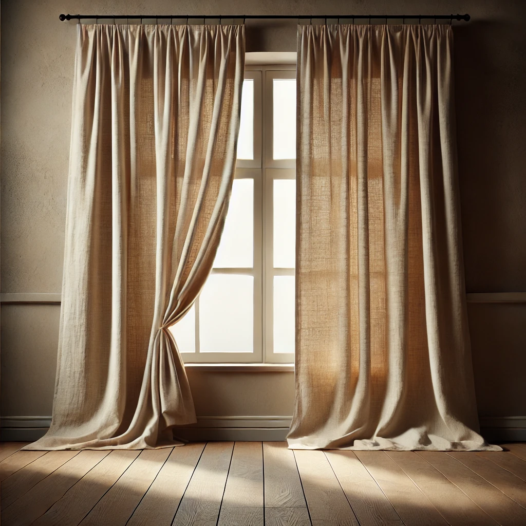 DALL·E 2025-03-03 16.58.06 - A square image featuring two linen curtains hanging symmetrically in a cozy, naturally lit room. The curtains have a soft, flowing texture, allowing l perdea din in