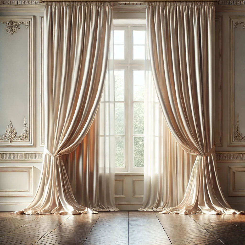DALL·E 2025-03-03 16.59.27 - A square image featuring two luxurious silk curtains hanging symmetrically in a well-lit, elegant room. The silk fabric is smooth and shiny, reflectin Perdele Constanta