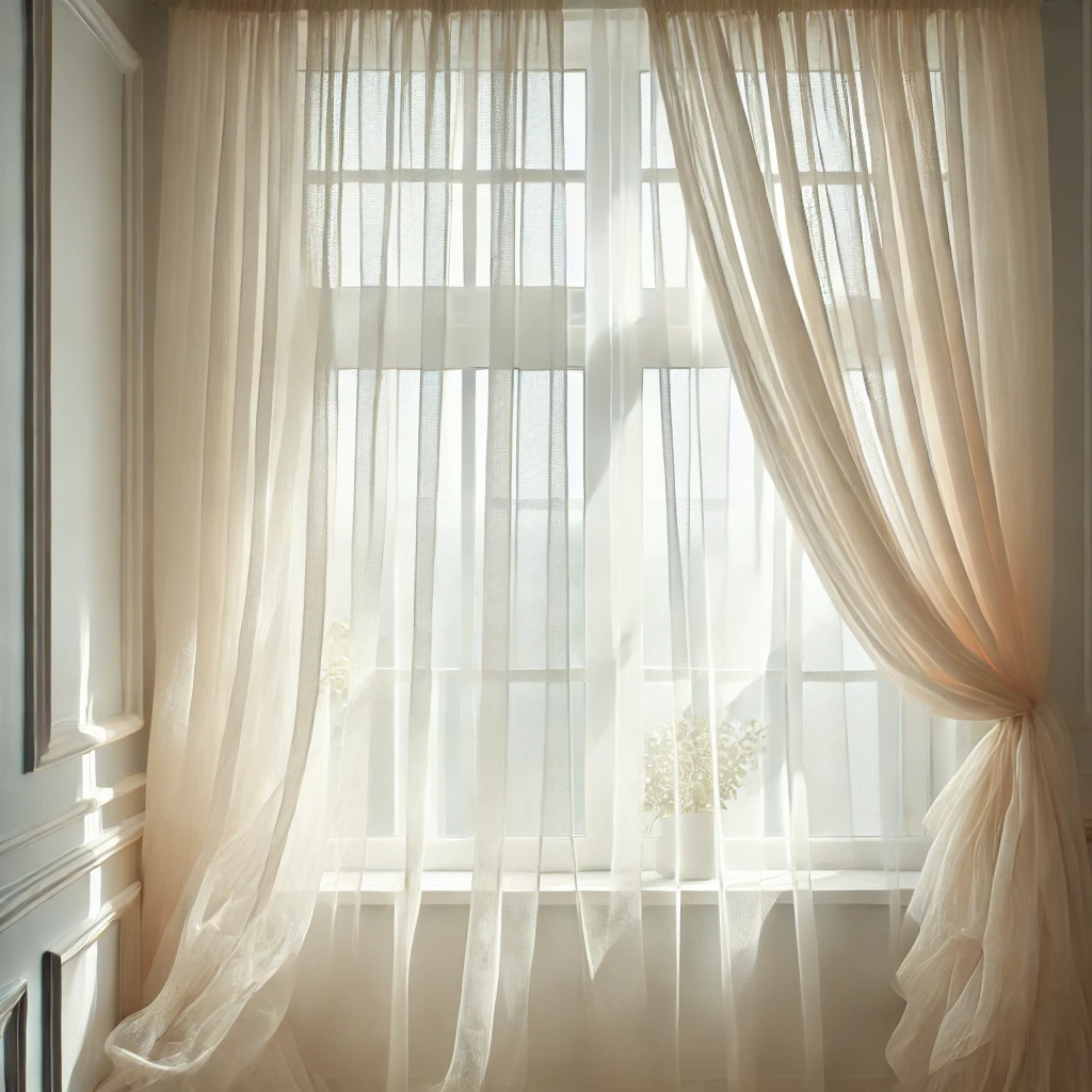 DALL·E 2025-03-03 17.02.52 - A square image featuring a delicate voile curtain hanging gracefully in a bright room. The sheer fabric is lightweight and airy, allowing natural ligh Perdele Constanta