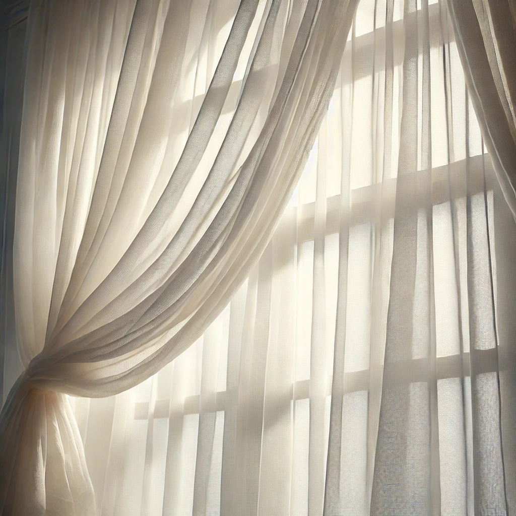 DALL·E 2025-03-03 17.03.31 - A square image featuring a delicate white voile curtain hanging gracefully in front of a softly lit window. The fabric is sheer and lightweight, allow perdele din voal