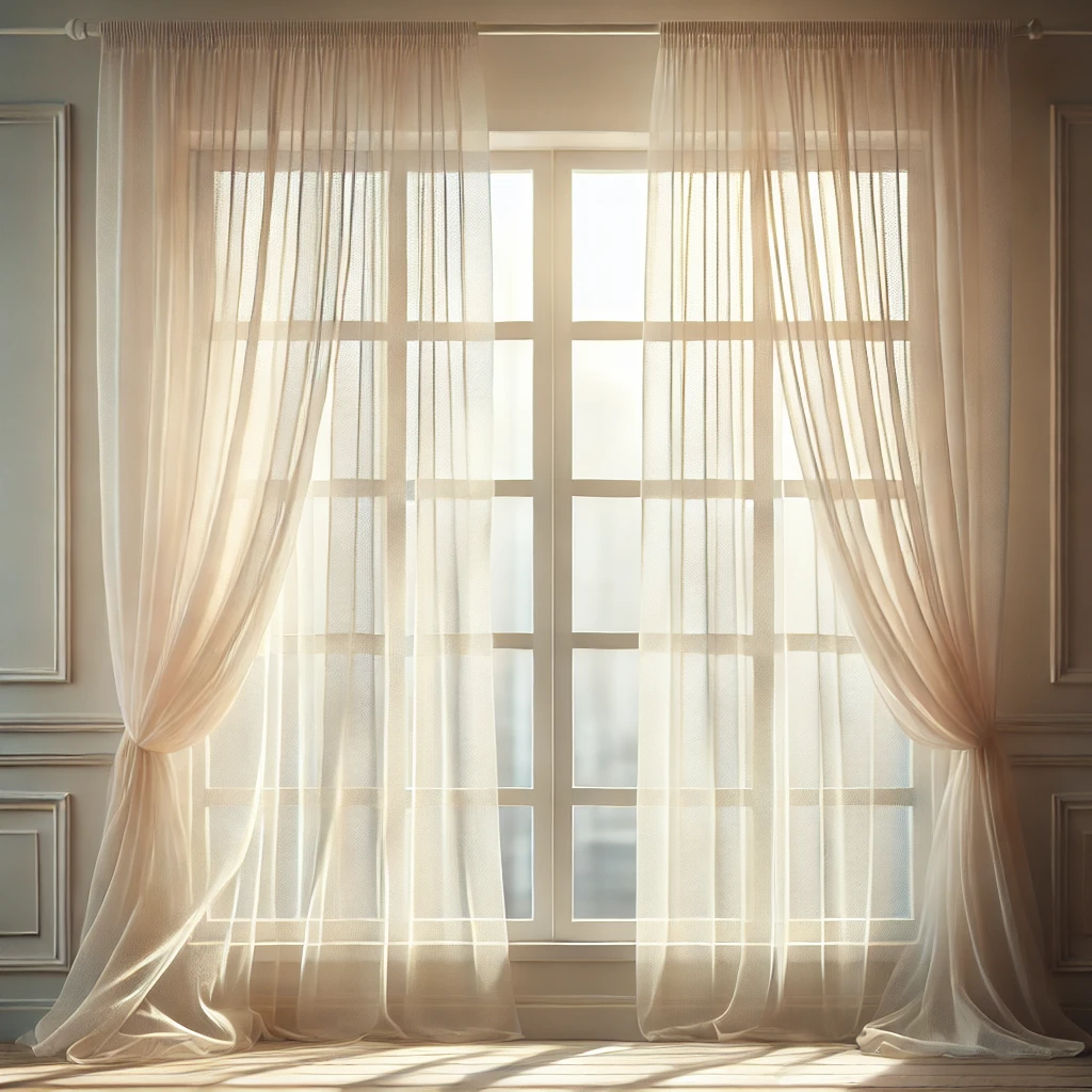 DALL·E 2025-03-03 17.10.44 - A square image featuring a delicate voile curtain hanging gracefully in front of a softly lit window. The lightweight, sheer fabric allows natural lig perdea din voal